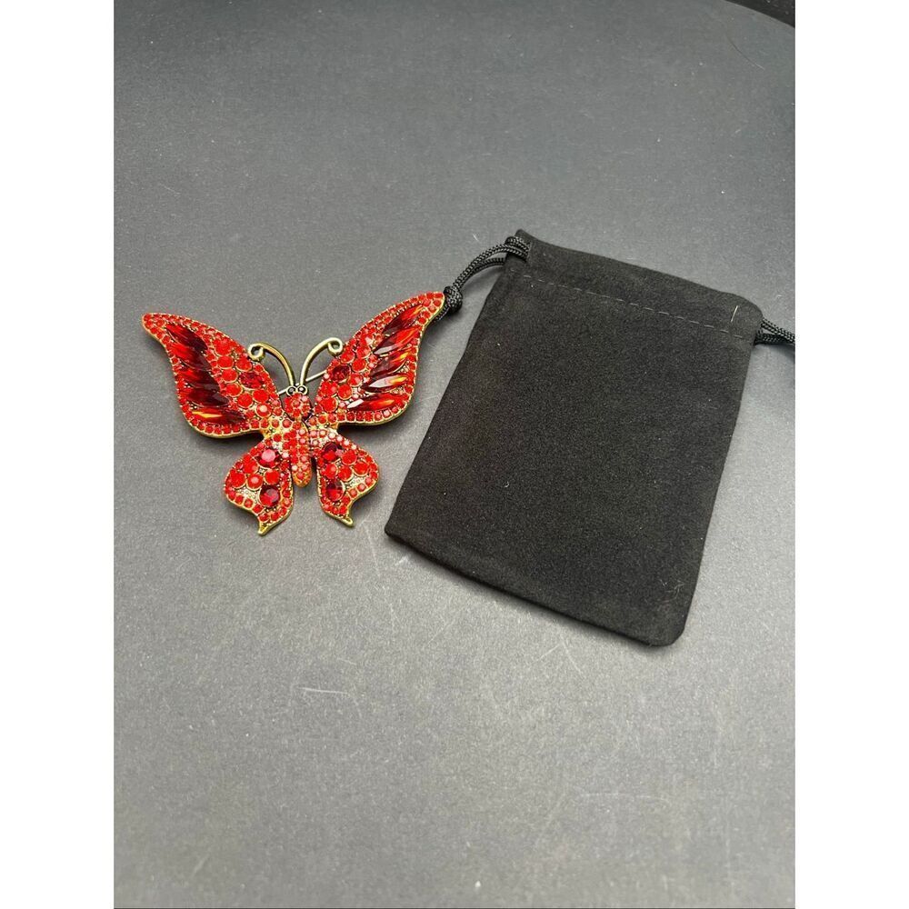Bright Crimson and Dark Red Gold Tone Rhinestone Butterfly Brooch